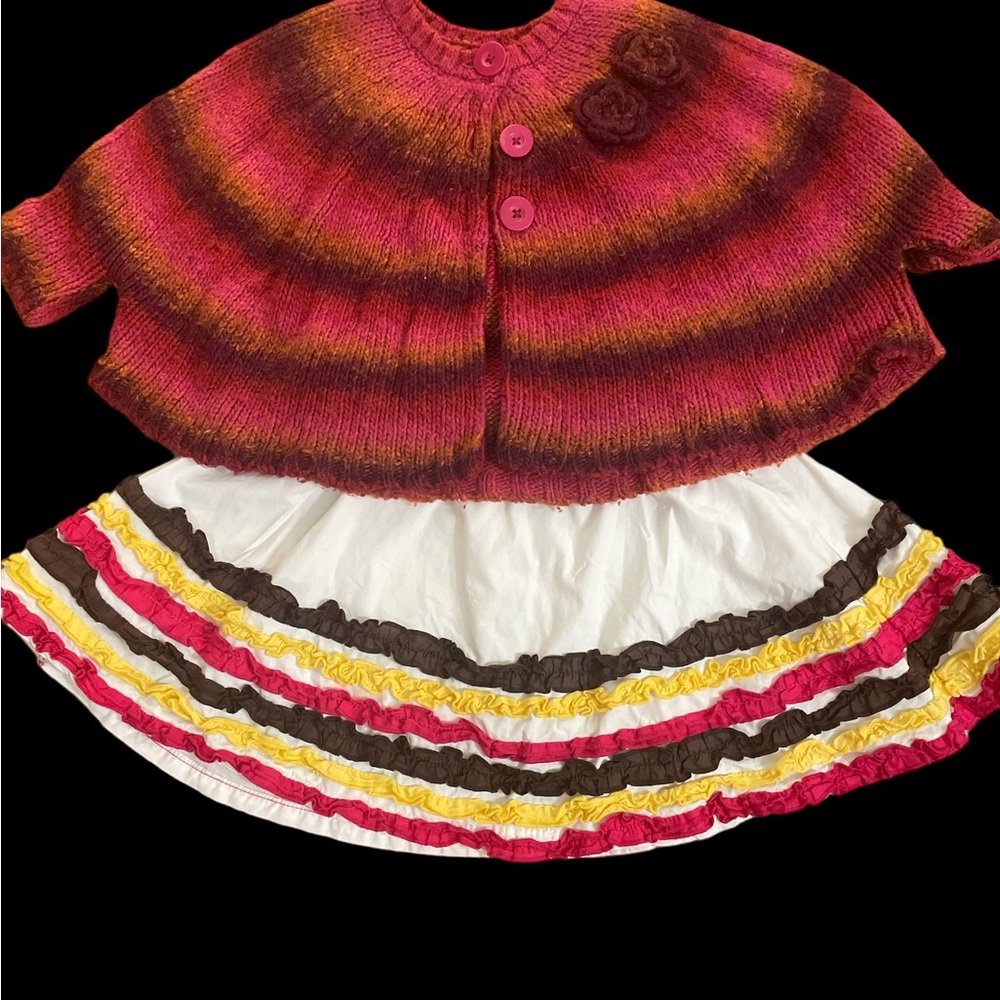 Girls boutique ruffle skirt & flower appliqué’ poncho style sweater outfit 2T